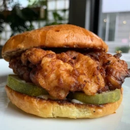 Fried chicken sandwich with pickles on a soft bun.