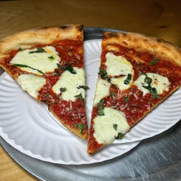 Two slices of Margherita pizza with fresh mozzarella and basil.